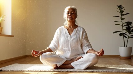 In a bright, peaceful room, an elderly woman practices meditation, surrounded by greenery. She embraces tranquility, seeking inner peace and mindfulness while enjoying soft sunlight.