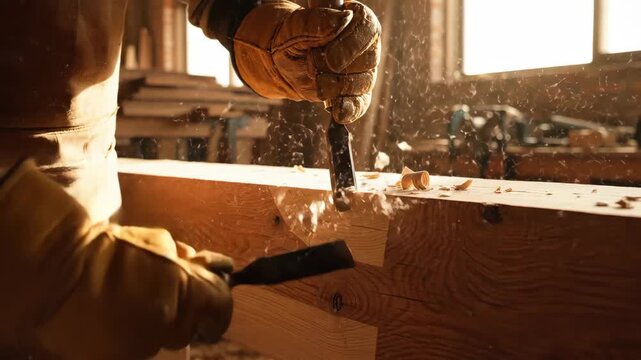 Woodworker Crafting Timber Beam in Workshop - A close-up shot depicts gloved hands using a chisel to craft a wooden beam in a workshop, with wood shavings flying through the air.