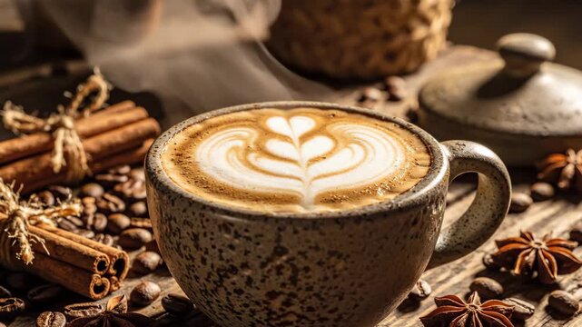 Creamy Coffee with Latte Art - A close-up shot shows a cup of creamy coffee with artistic latte art, featuring a heart design.