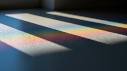 Obraz premium Parallel rainbow light streaks illuminate a dusty floor from an unseen source, creating a vibrant effect