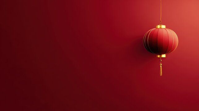 Elegant red Chinese lantern with gold accents against a rich red background - Powered by Adobe