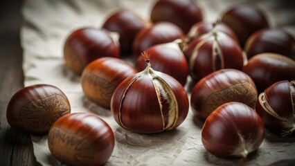 Pile of shiny brown chestnuts resting on crumpled parchment paper, rustic wooden background
