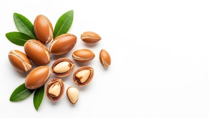 Pile of whole and cracked argan nuts with green leaves on a white background