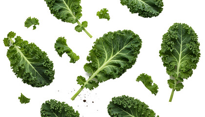 Fresh green kale leaves and small pieces isolated on transparent background, vibrant leafy vegetable with curly texture, healthy organic ingredient ideal for nutrition, diet, salad and cooking themes