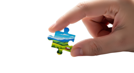 Hand holding a single jigsaw puzzle piece with a rural landscape concept illustrating puzzle, piece, jigsaw