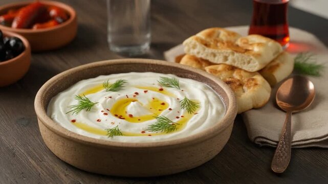 A creamy Turkish yogurt dip drizzled with olive oil and spices, served with fresh bread and side dishes on a rustic table.