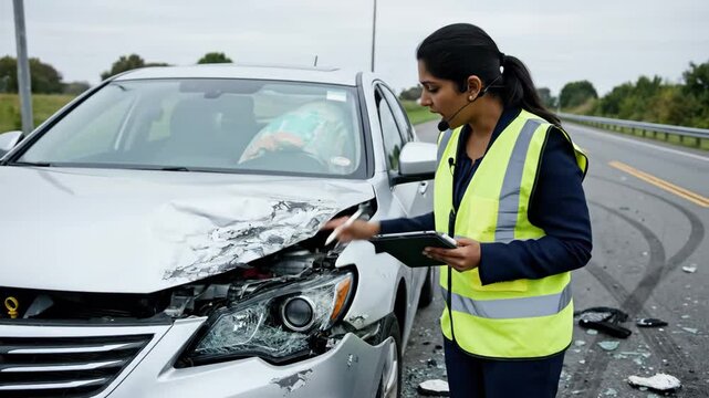 Insurance Adjuster Inspecting Car Accident Damage - An insurance adjuster in a safety vest is inspecting a silver car that has been damaged in an accident.