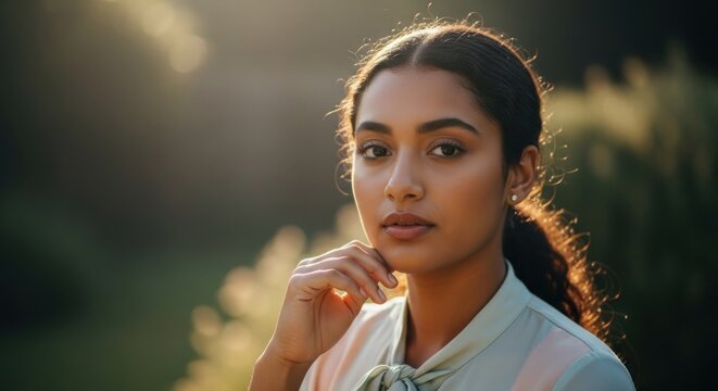 Portrait of a young woman with a thoughtful expression, warm light, blurred greenery - Powered by Adobe