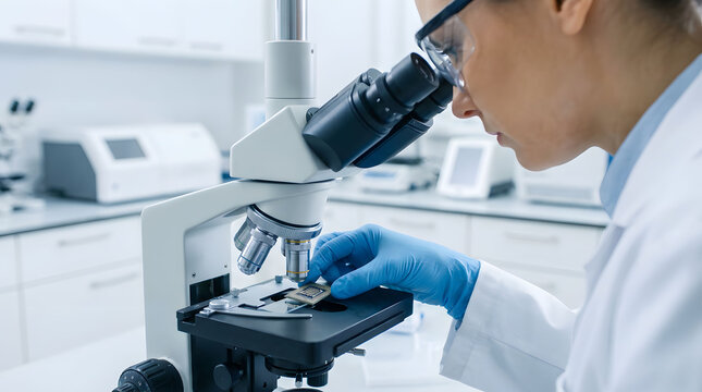 Scientist analyzing a semiconductor microchip under a laboratory microscope. Great for research, innovation, electronics testing, and advanced scientific development. - Powered by Adobe