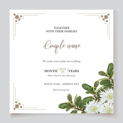 WEDDING INVITATION FRAME WITH FLOWER DECORATIONS AND FRESH LEAVES