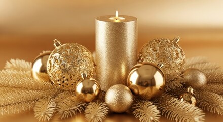 Golden Christmas decoration still life with shiny ornaments, burning candle light, and holiday season decor