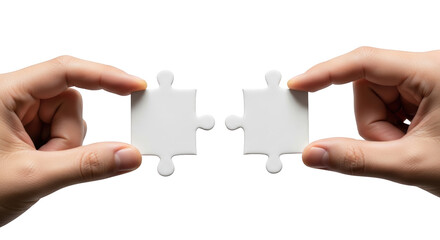 Professional hands connecting two white puzzle pieces together showing puzzle, piece, jigsaw suitable for corporate presentation,