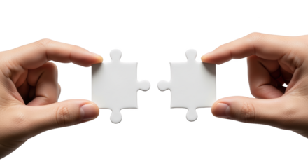 Professional hands connecting two white puzzle pieces together showing puzzle, piece, jigsaw suitable for corporate presentation,