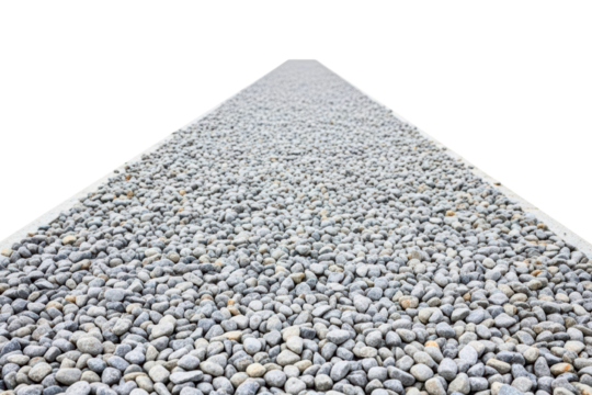 Straight path of grey garden pebbles narrowing isolated on transparent background