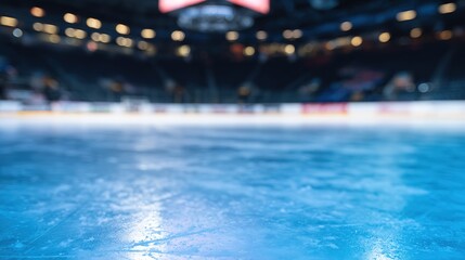 puck. An empty hockey rink glows blue under ambient lighting, with blurred stadium seats in the distance. event key visuals, club posters, designed for sports event promotions and stadium branding.