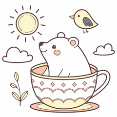 Dreamy Polar bear with in a teacup, set in a charming Morning sunshine theme – Sunny Mornings color vector art