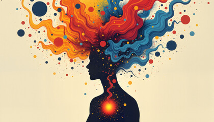 Silhouette of a woman with colorful mind expressing the concept of creativity, as a burst of ideas is illustrated with vibrant colors flowing from her head.