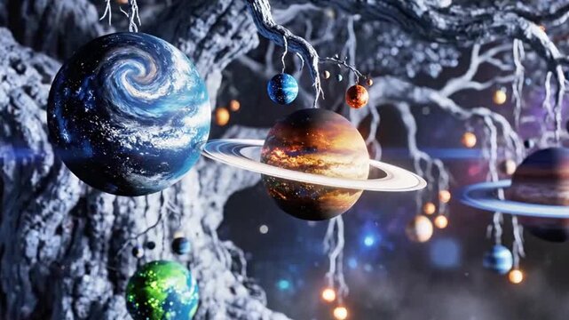 A tree with fruits that are tiny glowing planets.