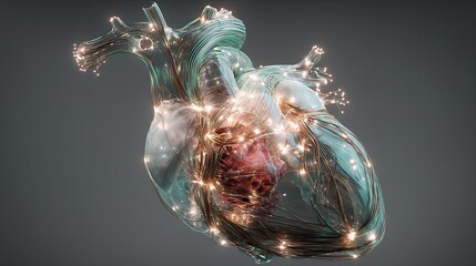 surreal transparent human body with glowing heart and brain connected by fiber optic light threads, soft earth tones with emerald highlights, cinematic anatomical art, v7 