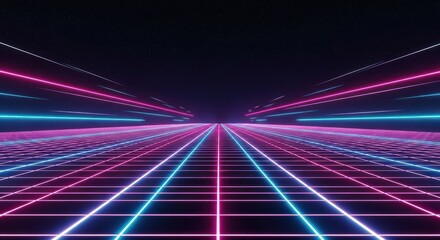 Retro-futuristic neon grid tunnel on a dark background with converging pink and blue lights