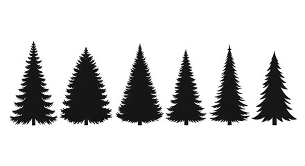 Collection of diverse evergreen tree silhouettes for winter designs and holidays