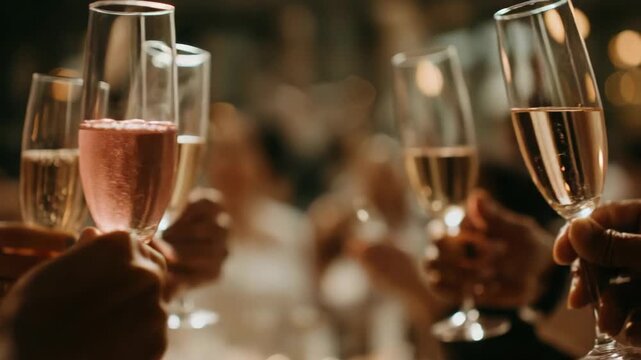 Group of people clinking champagne glasses together