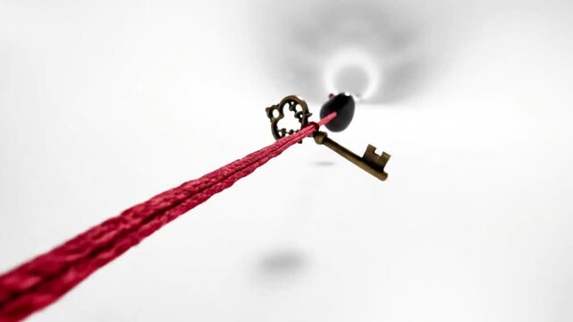 A single red thread connecting floating objects across an endless white void.