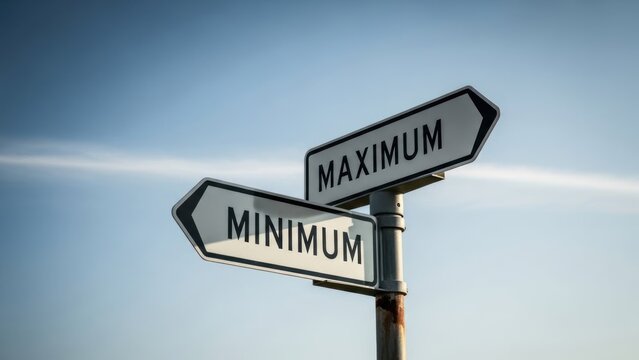 Road signs on a pole 'MINIMUM' points left, 'MAXIMUM' points right under blue sky