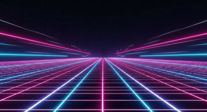 Retro-futuristic neon grid tunnel on a dark background with converging pink and blue lights