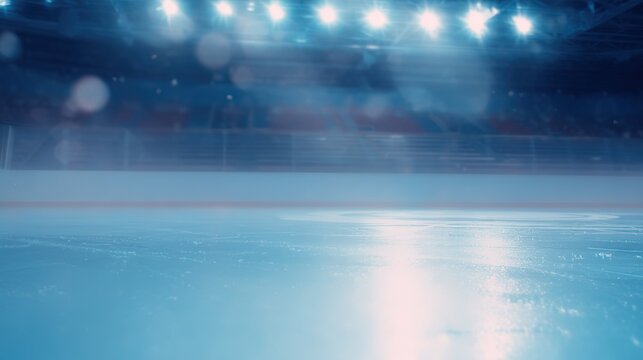 puck. An empty hockey rink glows blue under ambient lighting, with blurred stadium seats in the distance. event key visuals, club posters, designed for sports event promotions and stadium branding.