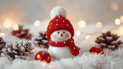   snowman with a bright red knit hat