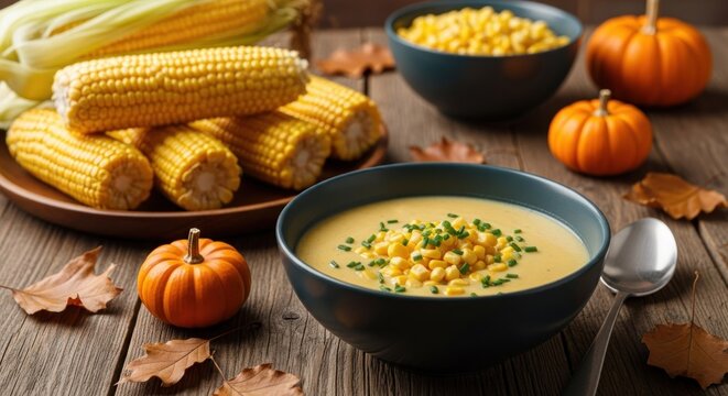 Rustic autumn table with corn cobs, creamy soup, kernels, small pumpkins, and leaves