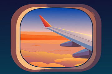 Naklejka premium Airplane wing over clouds at sunset