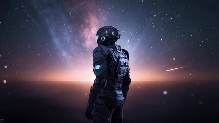 Lone astronaut in advanced space suit standing on an alien landscape under a glowing cosmic sky filled with stars and nebula light