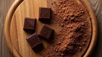 Scattered dark chocolate squares and cocoa powder on a textured wooden chopping board
