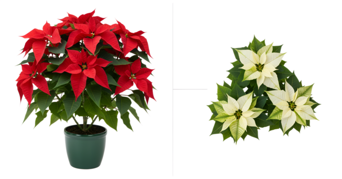 Red poinsettia plant in pot and white poinsettia arrangement isolated on transparent background, festive holiday flowers with vibrant leaves, ideal for decoration, celebration, winter and Christmas