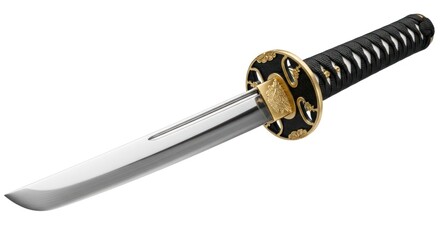 Short Japanese blade with black wrapped hilt and decorative gold and black guard
