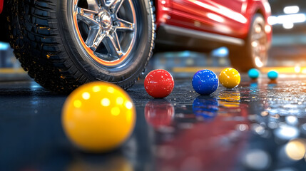 Dynamic close-up of a modern red SUV tire with vibrant colored spheres reflecting on a glossy surface, perfect for automotive ads or abstract designs