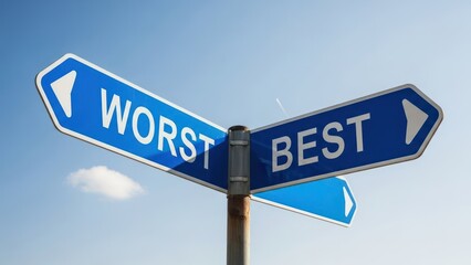 Obraz premium Signpost showing two blue signs 'WORST' left, 'BEST' right, under a clear blue sky