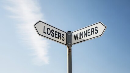 Fototapeta premium Signpost pointing to 'LOSERS' and 'WINNERS' under a clear blue sky, symbolizing choice