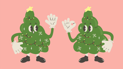 Christmas tree mascot set. Childish style greeting card. Vector illustration.