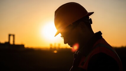 Silhouette of worker in hard hat and safety vest at sunset with industrial background