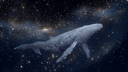 Fototapeta premium Illustration, How a whale swam across the starry sky against the background of the moon