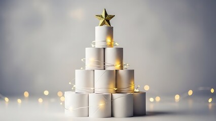 Creative Christmas tree made of paper rolls with lights and star