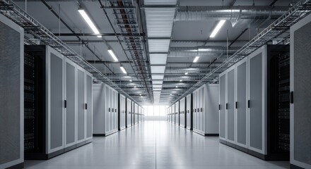 Sleek, bright data center aisle with symmetrical server racks stretching into distance