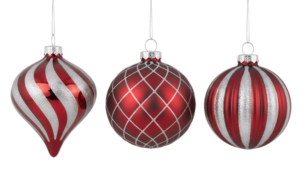 Red and silver Christmas ornaments isolated on transparent background, festive decorative hanging baubles with shiny texture and elegant holiday style perfect for winter celebration and decoration