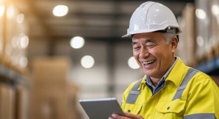 Smiling man in hard hat & safety vest uses tablet in a blurred industrial setting