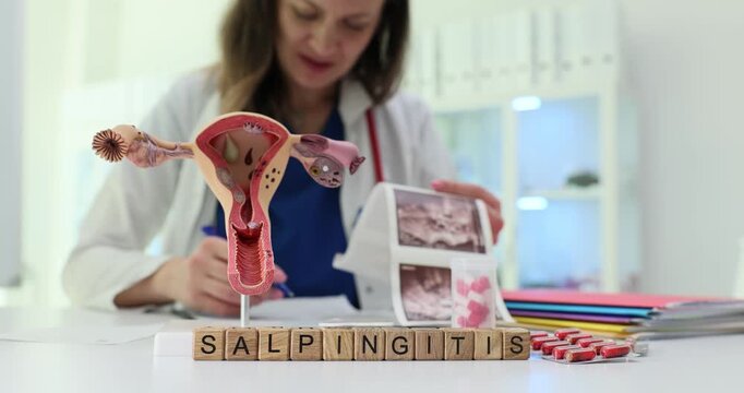 Wooden blocks spell word Salpingitis as woman gynecologist works near uterus model. Doctor writes notes studying disease scans in clinic slow motion