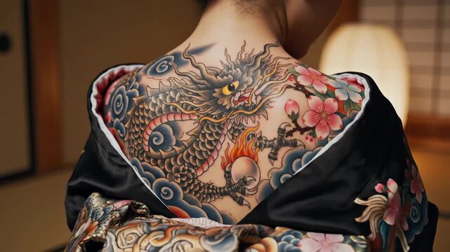 Elegant Woman with Dragon Tattoo Art - This video shows the back of an elegant woman displaying a large, detailed traditional Japanese tattoo of a dragon and flowers.
