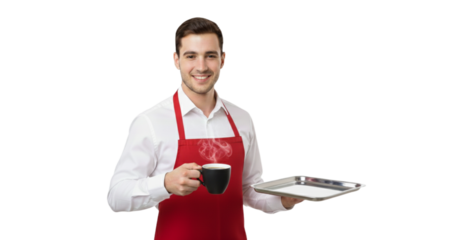 Friendly barista serves delicious hot coffee with a smile and tray, ready to delight customers in your cafe, restaurant, or foodservice business